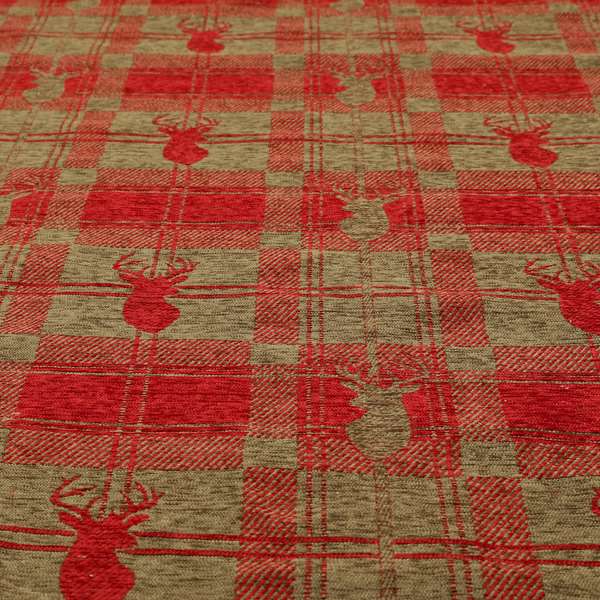 Highland Collection Luxury Soft Like Cotton Feel Stag Deer Head Animal Design On Checked Red On Brown Background Chenille Upholstery Fabric JO-508