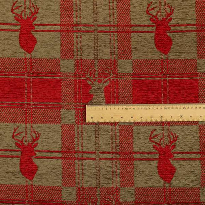 Highland Collection Luxury Soft Like Cotton Feel Stag Deer Head Animal Design On Checked Red On Brown Background Chenille Upholstery Fabric JO-508 - Roman Blinds