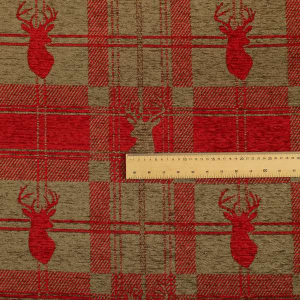 Highland Collection Luxury Soft Like Cotton Feel Stag Deer Head Animal Design On Checked Red On Brown Background Chenille Upholstery Fabric JO-508 - Made To Measure Curtains