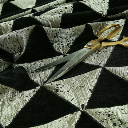 Vegas Black Gold Shine Effect Geometric La Triangle Pattern Soft Chenille Upholstery Fabric JO-52 - Made To Measure Curtains