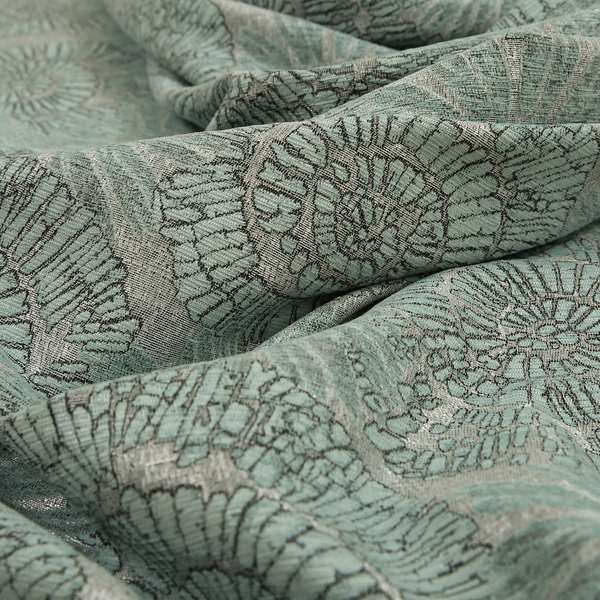 Aqua Silver Grey Coloured Floral Medallion Design Soft Chenille Upholstery Fabric JO-53 - Made To Measure Curtains