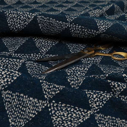 Piccadilly Collection Geometric Triangle Pattern Woven Upholstery Navy Blue Chenille Fabric JO-538 - Made To Measure Curtains