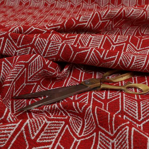 Piccadilly Collection Geometric Chevron Pattern Woven Upholstery Red Chenille Fabric JO-542 - Made To Measure Curtains