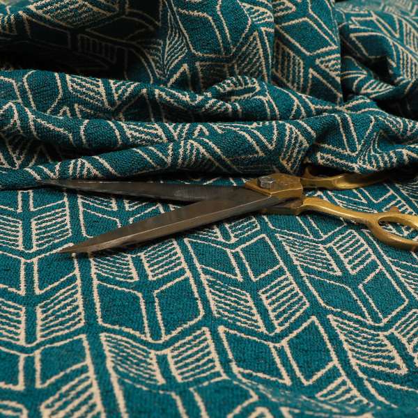 Piccadilly Collection Geometric Chevron Pattern Woven Upholstery Teal Chenille Fabric JO-545 - Roman Blinds