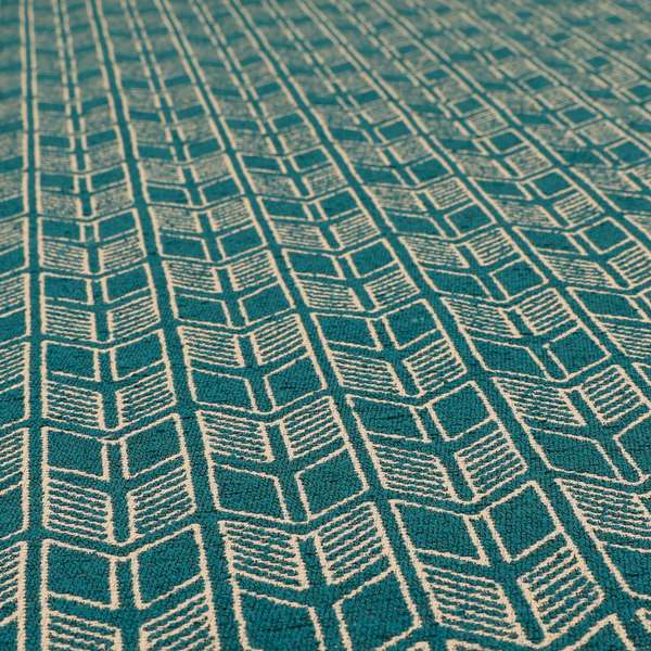 Piccadilly Collection Geometric Chevron Pattern Woven Upholstery Teal Chenille Fabric JO-545 - Roman Blinds