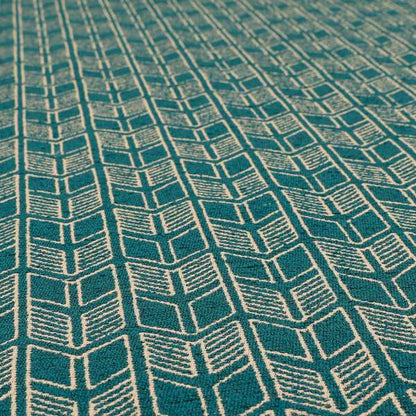 Piccadilly Collection Geometric Chevron Pattern Woven Upholstery Teal Chenille Fabric JO-545 - Roman Blinds