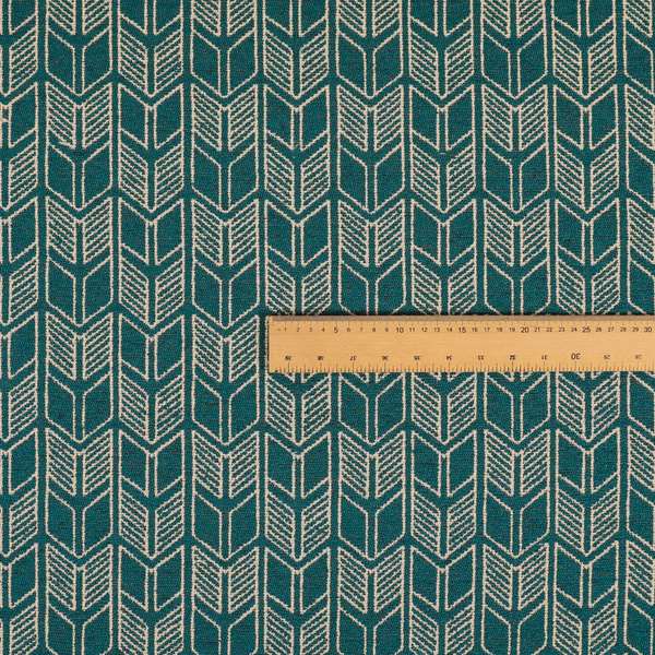 Piccadilly Collection Geometric Chevron Pattern Woven Upholstery Teal Chenille Fabric JO-545 - Roman Blinds