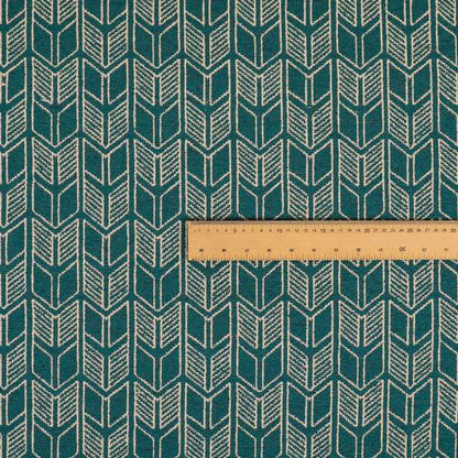 Piccadilly Collection Geometric Chevron Pattern Woven Upholstery Teal Chenille Fabric JO-545 - Roman Blinds