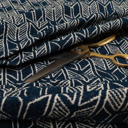 Piccadilly Collection Geometric Chevron Pattern Woven Upholstery Navy Blue Chenille Fabric JO-546 - Made To Measure Curtains