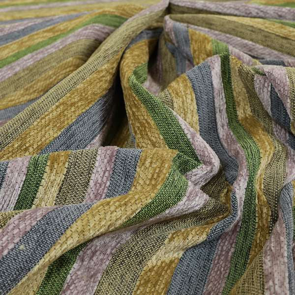 Enya Designer Soft Luxury Striped Fabric Lilac Yellow Green Colour Chenille JO-551 - Made To Measure Curtains