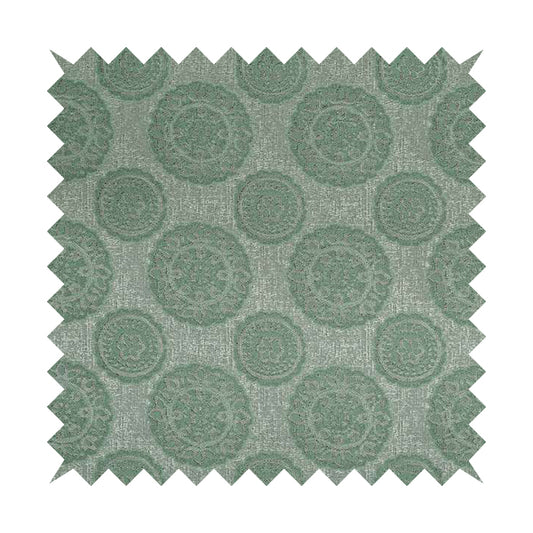 Aqua Silver Grey Coloured Floral Round Medallion Design Soft Chenille Upholstery Fabric JO-56