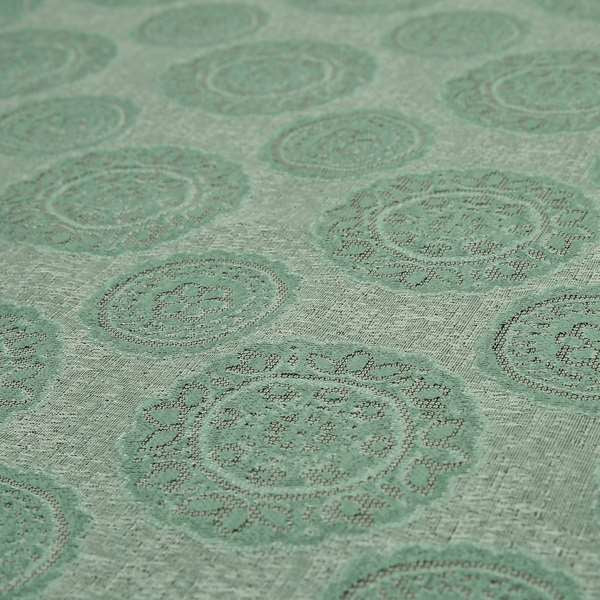 Aqua Silver Grey Coloured Floral Round Medallion Design Soft Chenille Upholstery Fabric JO-56