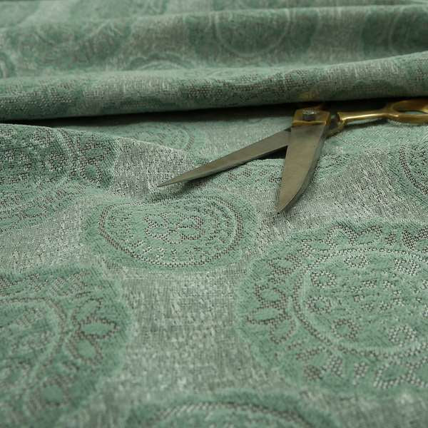 Aqua Silver Grey Coloured Floral Round Medallion Design Soft Chenille Upholstery Fabric JO-56 - Made To Measure Curtains