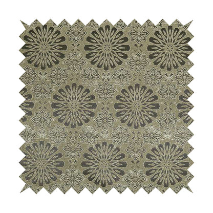Beige Silver Grey Coloured Floral Medallion Pattern Soft Chenille Upholstery Fabric JO-57