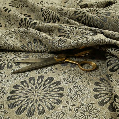 Beige Silver Grey Coloured Floral Medallion Pattern Soft Chenille Upholstery Fabric JO-57 - Made To Measure Curtains