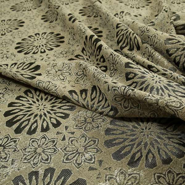 Beige Silver Grey Coloured Floral Medallion Pattern Soft Chenille Upholstery Fabric JO-57 - Made To Measure Curtains