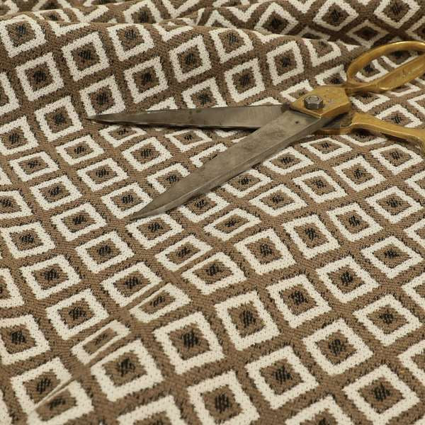 Fantasque Geometric Hexagon Pattern White Brown Chenille Fabric JO-570 - Roman Blinds