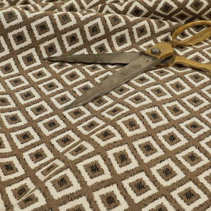 Fantasque Geometric Hexagon Pattern White Brown Chenille Fabric JO-570 - Roman Blinds