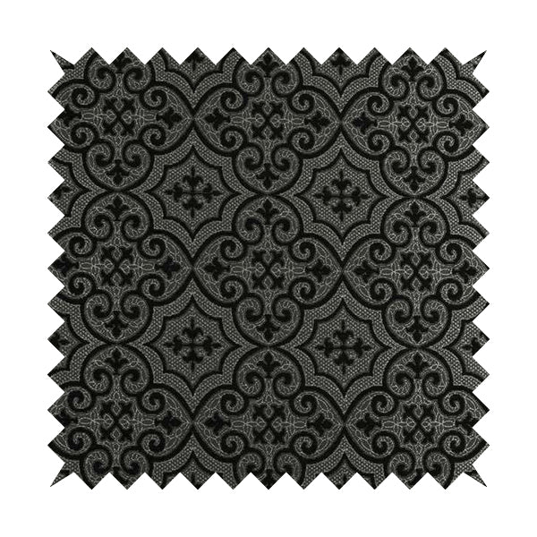 Vegas Black Silver Shine Effect Pattern Medallion Soft Chenille Upholstery Fabric JO-573