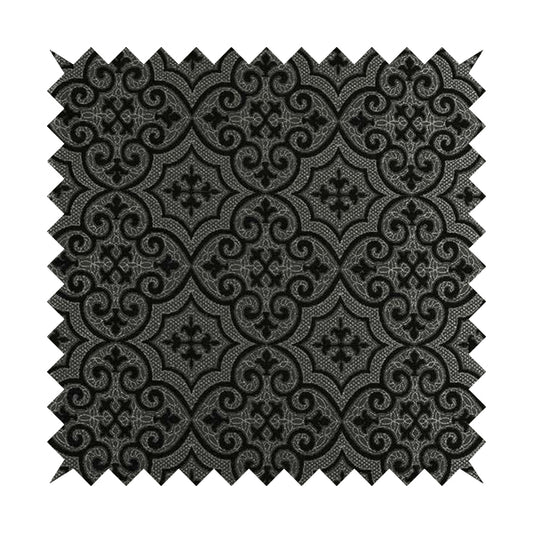 Vegas Black Silver Shine Effect Pattern Medallion Soft Chenille Upholstery Fabric JO-573