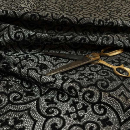 Vegas Black Silver Shine Effect Pattern Medallion Soft Chenille Upholstery Fabric JO-573