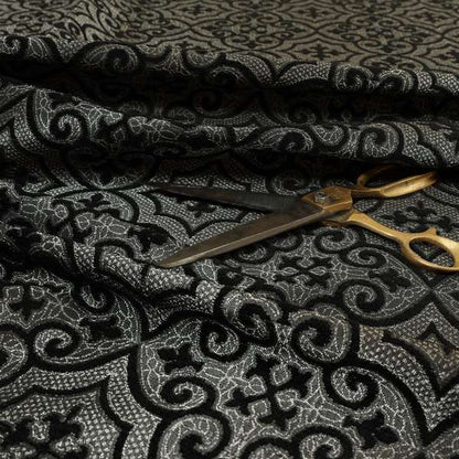 Vegas Black Silver Shine Effect Pattern Medallion Soft Chenille Upholstery Fabric JO-573 - Handmade Cushions