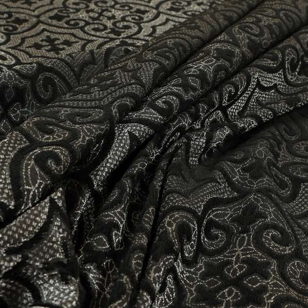 Vegas Black Silver Shine Effect Pattern Medallion Soft Chenille Upholstery Fabric JO-573 - Made To Measure Curtains