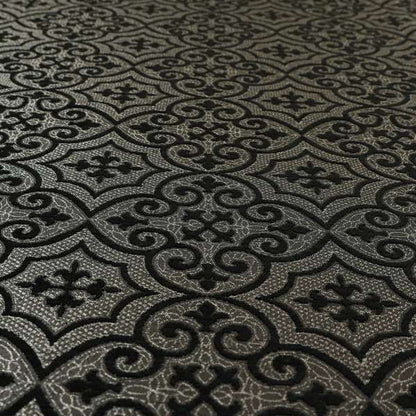 Vegas Black Silver Shine Effect Pattern Medallion Soft Chenille Upholstery Fabric JO-573 - Handmade Cushions