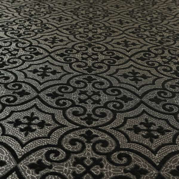 Vegas Black Silver Shine Effect Pattern Medallion Soft Chenille Upholstery Fabric JO-573