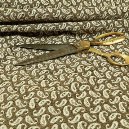 Fantasque Paisley Pattern White Brown Chenille Fabric JO-576 - Made To Measure Curtains