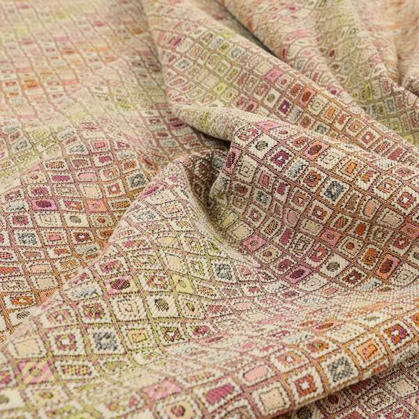 Madagascar Small Motifs Geometric Orange Pink Green Colour Pattern Interior Fabrics JO-580 - Made To Measure Curtains