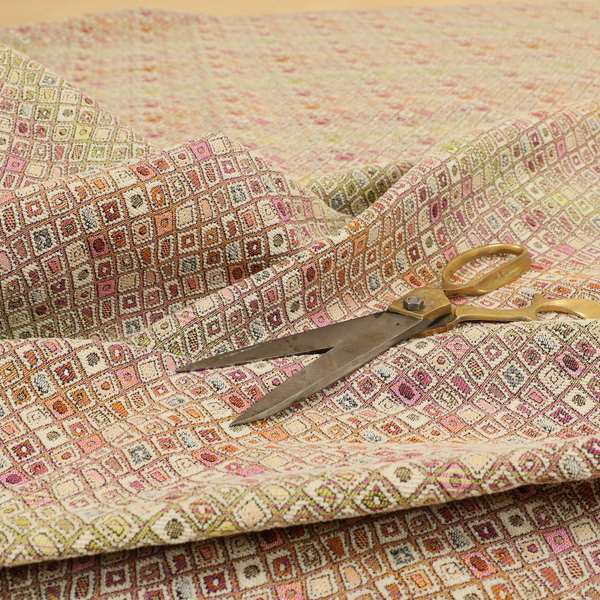 Madagascar Small Motifs Geometric Orange Pink Green Colour Pattern Interior Fabrics JO-580