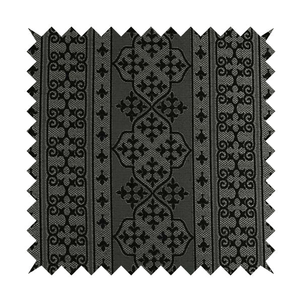 Vegas Black Silver Shine Effect Striped Medallion Pattern Soft Chenille Upholstery Fabric JO-581 - Roman Blinds