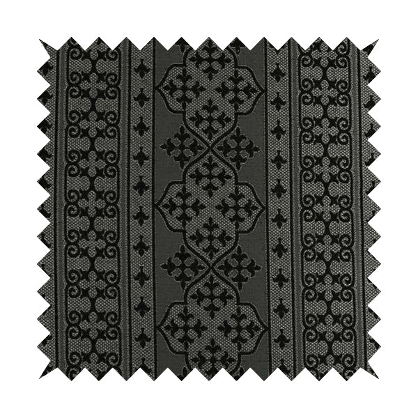 Vegas Black Silver Shine Effect Striped Medallion Pattern Soft Chenille Upholstery Fabric JO-581