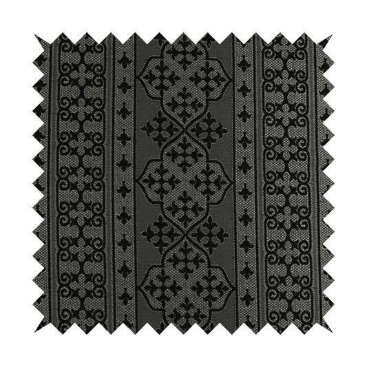 Vegas Black Silver Shine Effect Striped Medallion Pattern Soft Chenille Upholstery Fabric JO-581