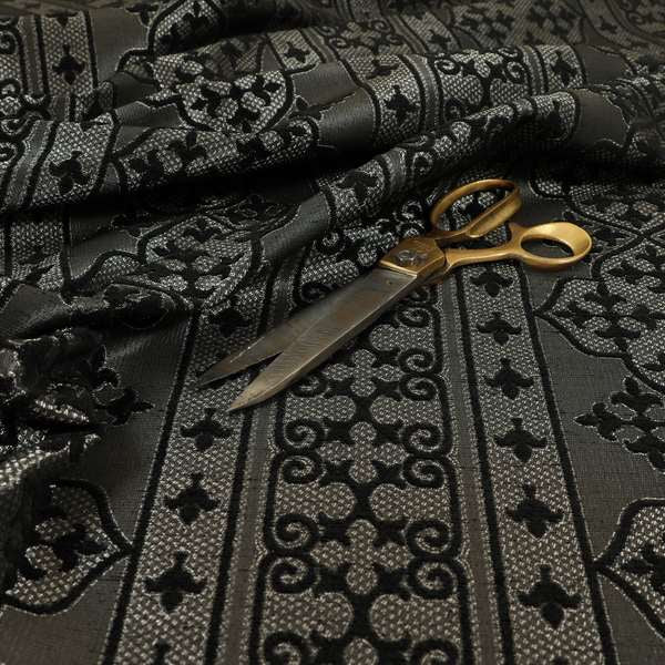 Vegas Black Silver Shine Effect Striped Medallion Pattern Soft Chenille Upholstery Fabric JO-581 - Made To Measure Curtains