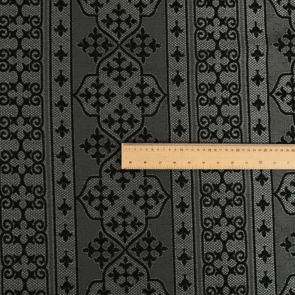 Vegas Black Silver Shine Effect Striped Medallion Pattern Soft Chenille Upholstery Fabric JO-581 - Made To Measure Curtains