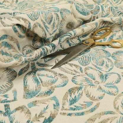 Arley Fabric Collection Woven Jacquard Floral Pattern Blue Beige Colour Chenille Fabric JO-585 - Roman Blinds