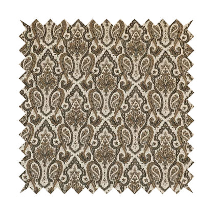 Fantasque Damask Pattern White Brown Chenille Fabric JO-607 - Made To Measure Curtains