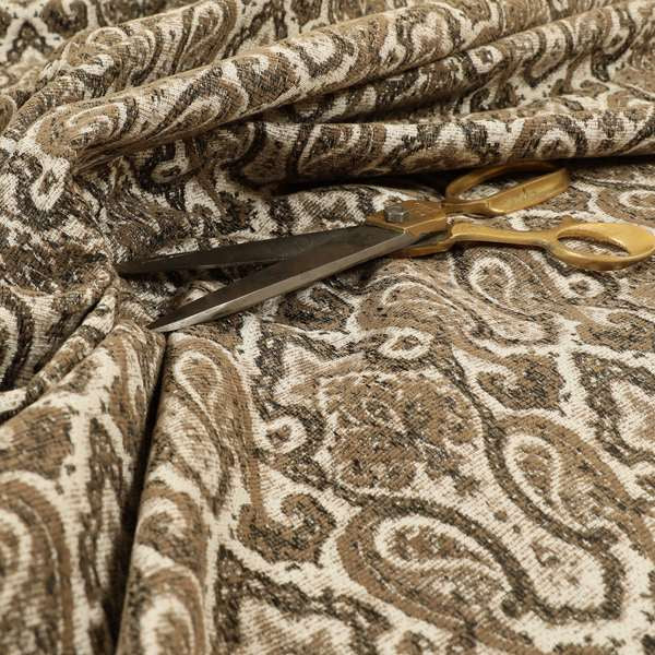 Fantasque Damask Pattern White Brown Chenille Fabric JO-607 - Made To Measure Curtains