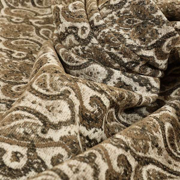 Fantasque Damask Pattern White Brown Chenille Fabric JO-607