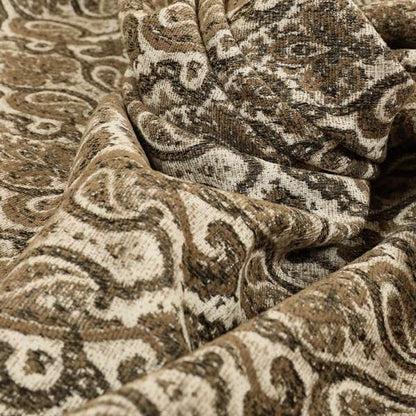 Fantasque Damask Pattern White Brown Chenille Fabric JO-607 - Made To Measure Curtains