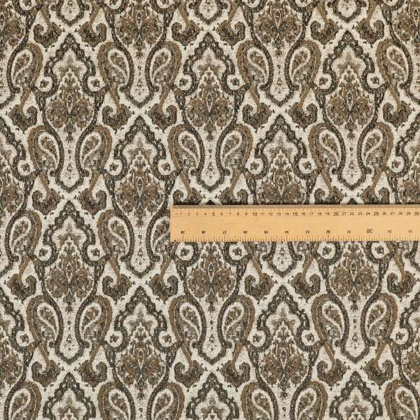 Fantasque Damask Pattern White Brown Chenille Fabric JO-607 - Made To Measure Curtains