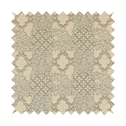 Waterperry Collection Beige Silver Colour Spanish Inspired Medallion Pattern Soft Chenille Upholstery Fabric JO-613