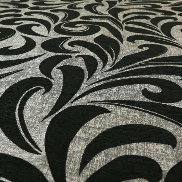 Black Silver Coloured Floral Pattern Soft Chenille Upholstery Fabric JO-618 - Made To Measure Curtains