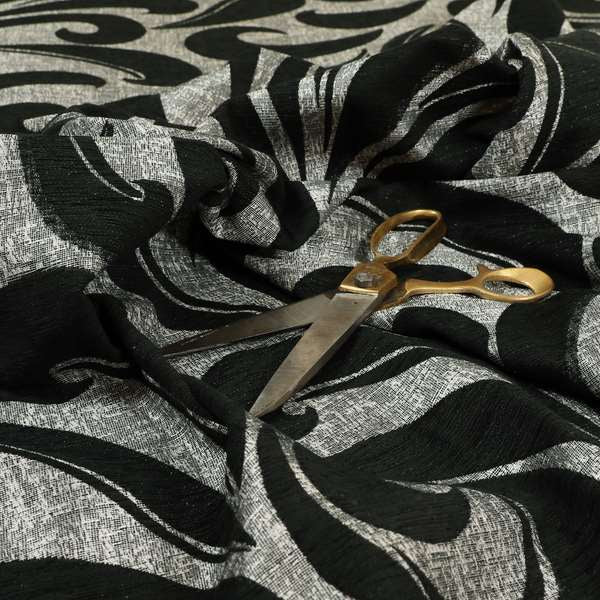 Black Silver Coloured Floral Pattern Soft Chenille Upholstery Fabric JO-618 - Made To Measure Curtains