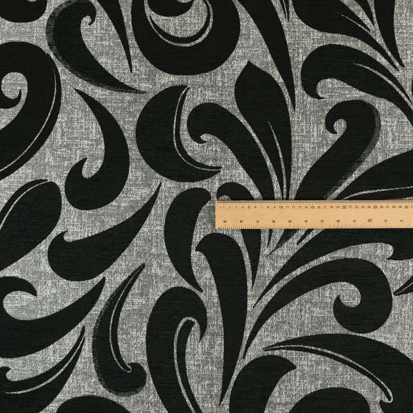 Black Silver Coloured Floral Pattern Soft Chenille Upholstery Fabric JO-618 - Made To Measure Curtains