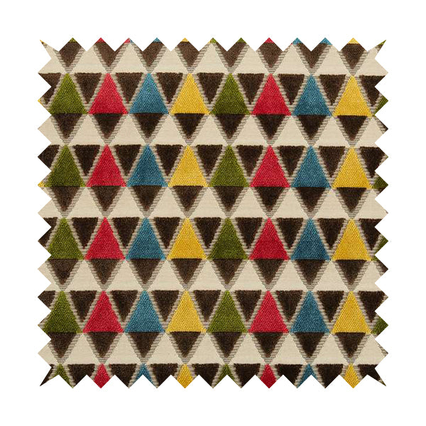 Ziani Geometric Le Triangle Pattern In Vibrant Green Pink Yellow Brown Blue Colour Velvet Upholstery Fabric JO-63 - Made To Measure Curtains