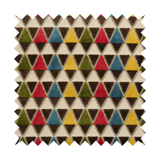 Ziani Geometric Le Triangle Pattern In Vibrant Green Pink Yellow Brown Blue Colour Velvet Upholstery Fabric JO-63