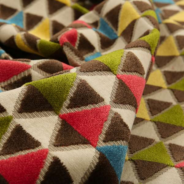 Ziani Geometric Le Triangle Pattern In Vibrant Green Pink Yellow Brown Blue Colour Velvet Upholstery Fabric JO-63 - Roman Blinds